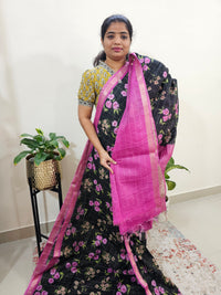 Tussar by Cotton Kalamkari- Black with Pink