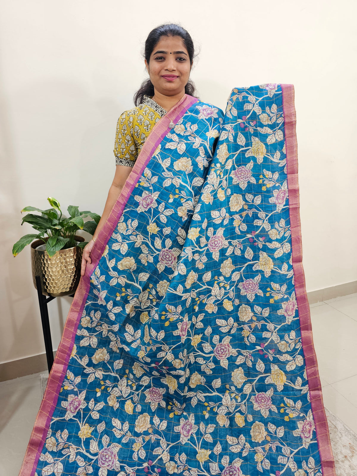 Tussar by Cotton Kalamkari- Peacock Blue with Pink
