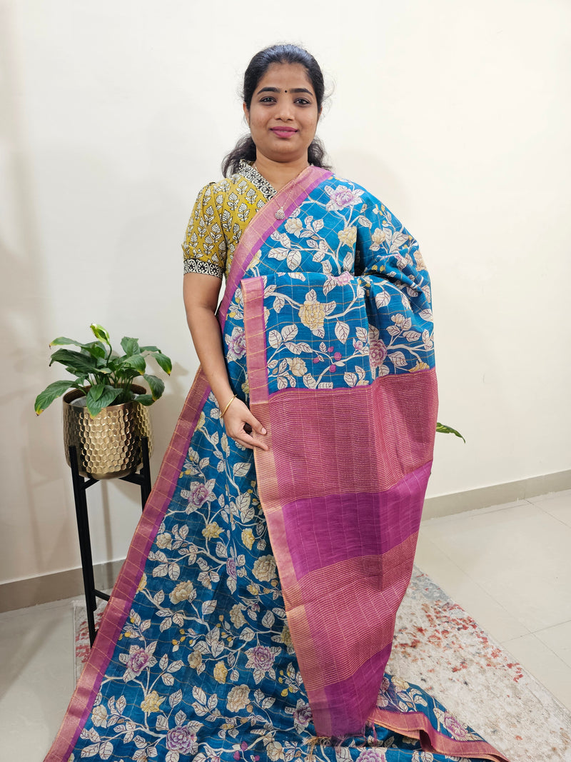 Tussar by Cotton Kalamkari- Peacock Blue with Pink