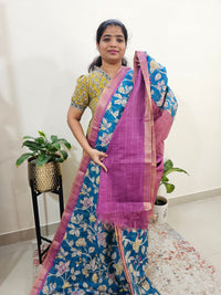 Tussar by Cotton Kalamkari- Peacock Blue with Pink
