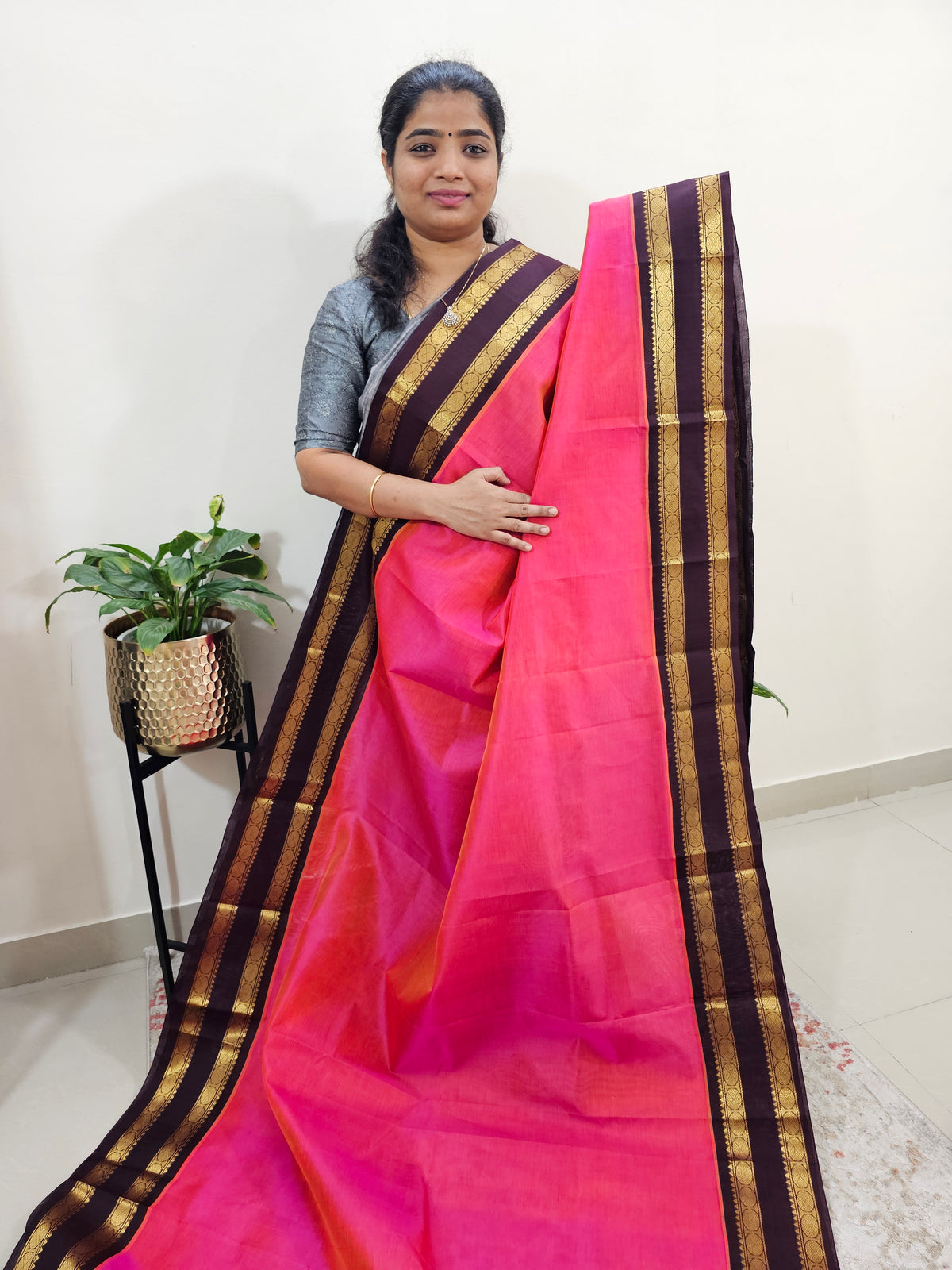 Peachish Pink with Brown Handloom Kanchi Silk Cotton