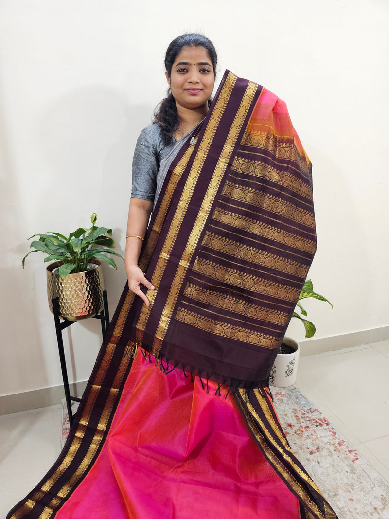 Peachish Pink with Brown Handloom Kanchi Silk Cotton