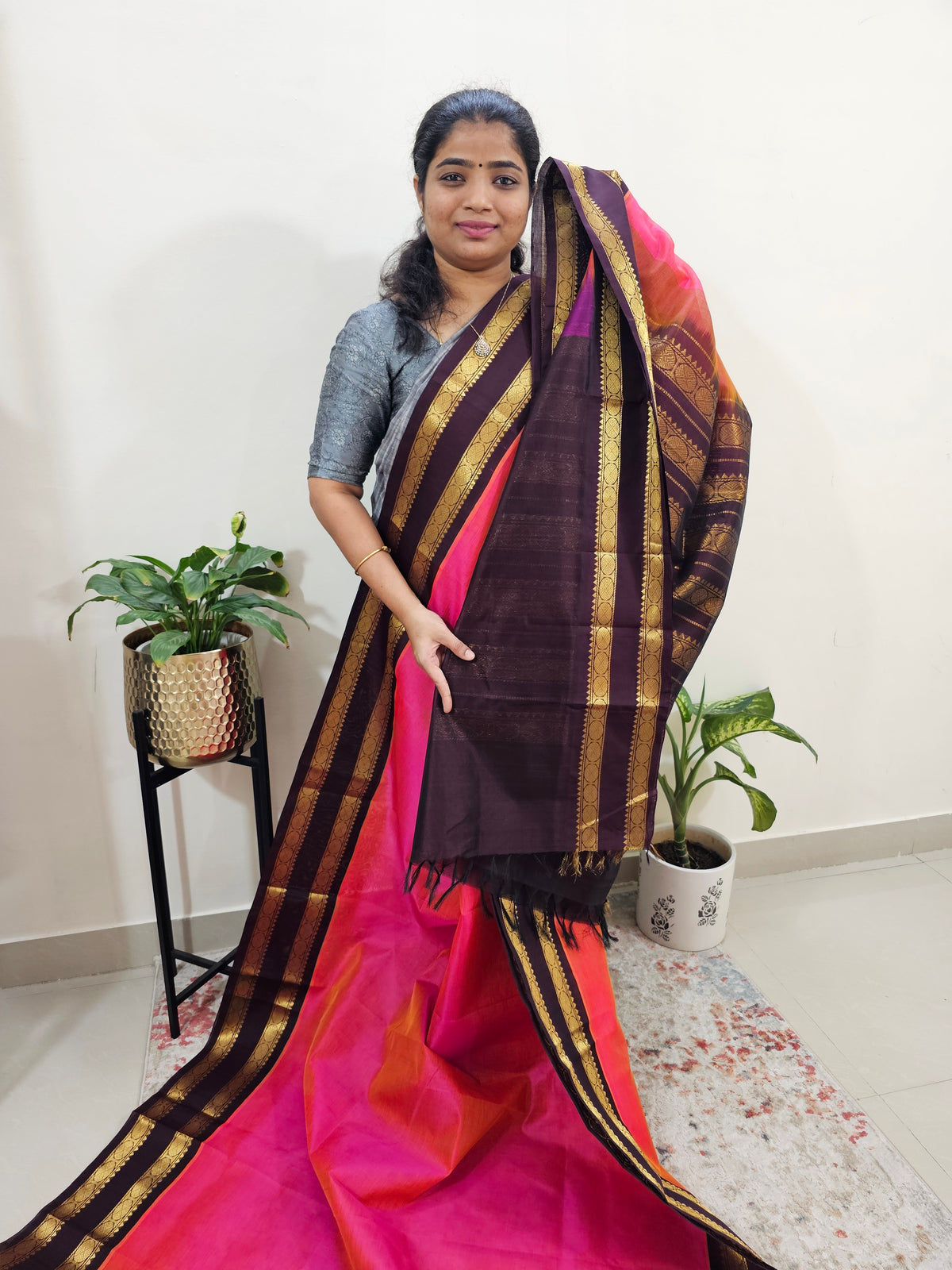 Peachish Pink with Brown Handloom Kanchi Silk Cotton