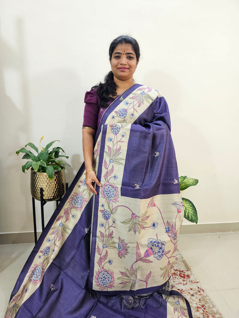 Semi Tussar with Striped Zari Weaving Saree - Violet with Cream