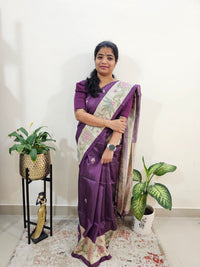 Semi Tussar with Striped Zari Weaving Saree - Purple with Cream