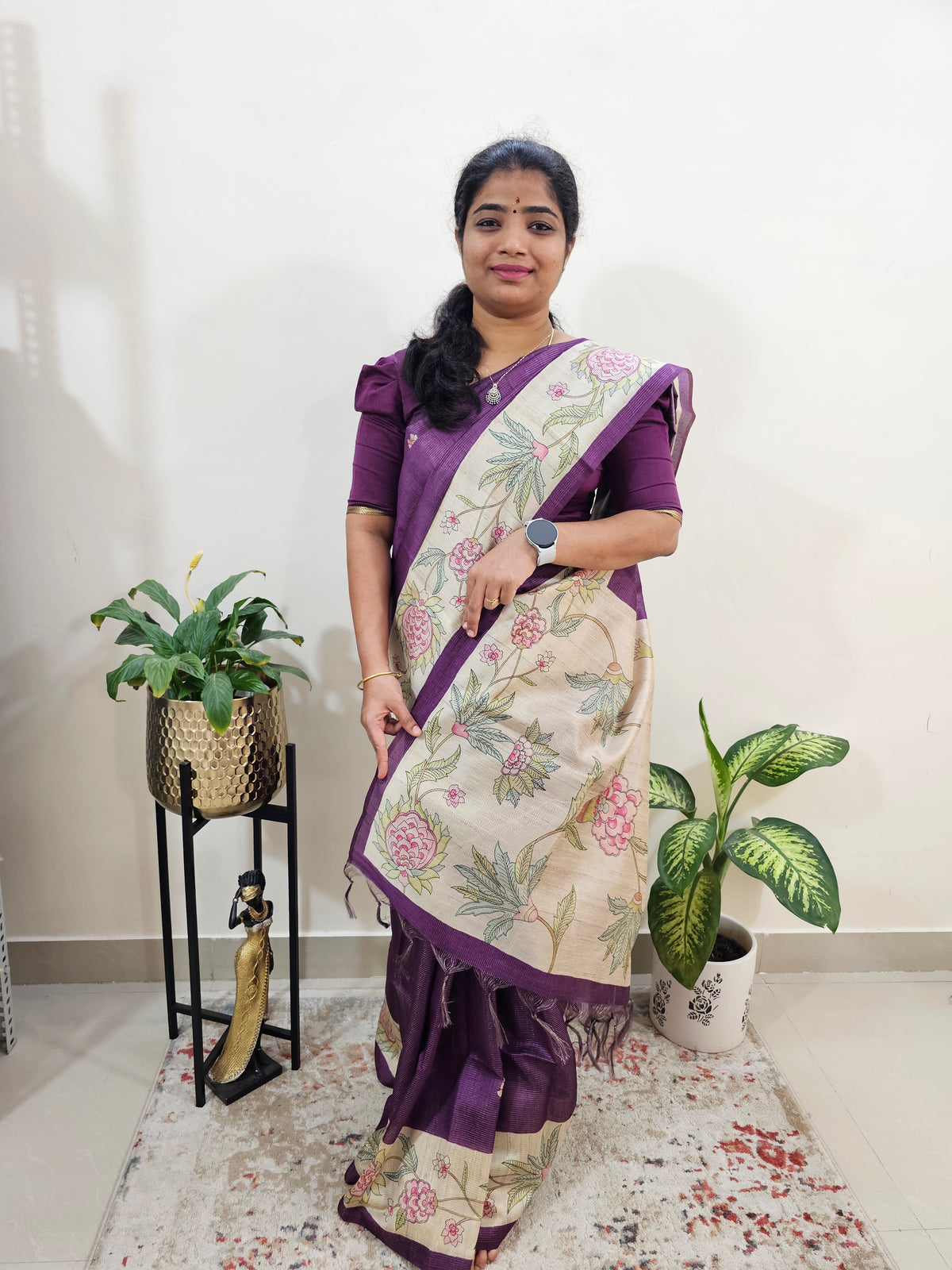 Semi Tussar with Striped Zari Weaving Saree - Purple with Cream