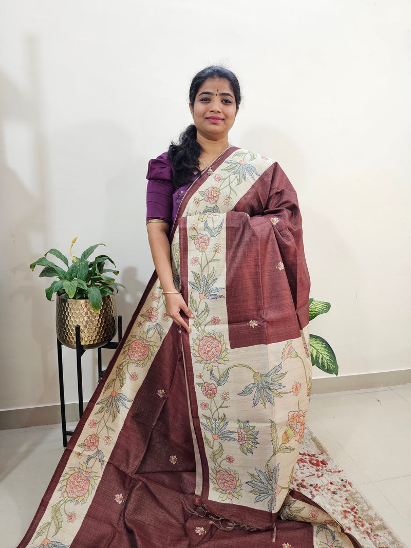 Semi Tussar with Striped Zari Weaving Saree - Brown with Cream