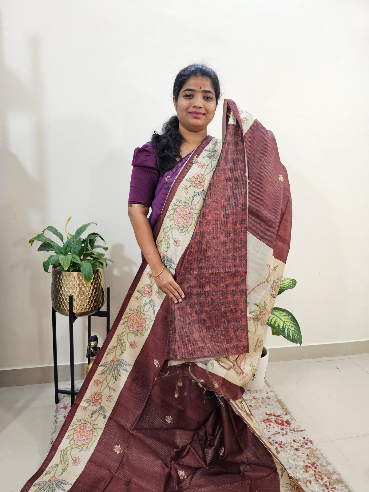 Semi Tussar with Striped Zari Weaving Saree - Brown with Cream