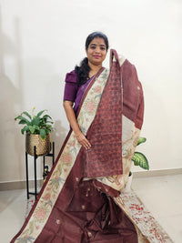 Semi Tussar with Striped Zari Weaving Saree - Brown with Cream
