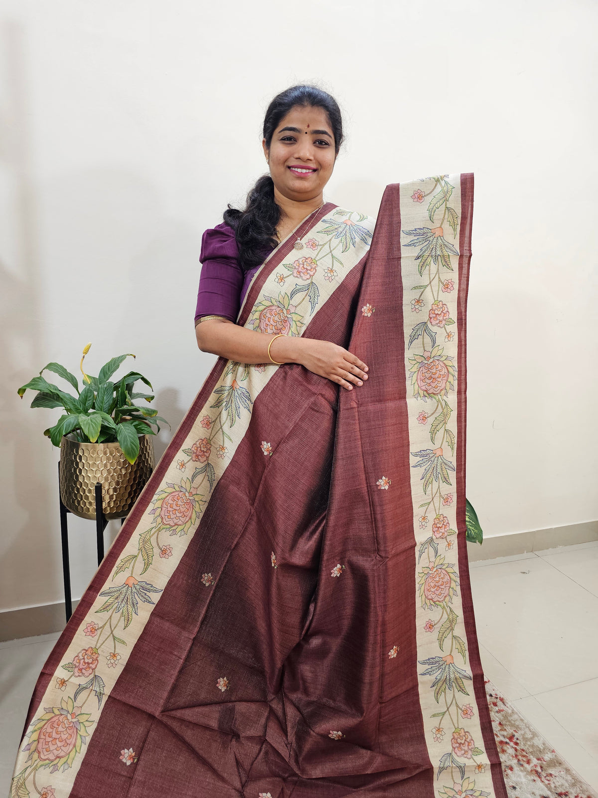 Semi Tussar with Striped Zari Weaving Saree - Brown with Cream