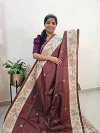Semi Tussar with Striped Zari Weaving Saree - Brown with Cream