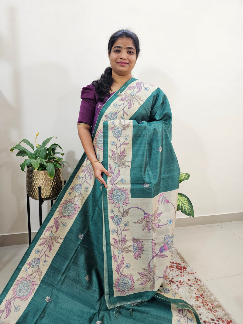 Semi Tussar with Striped Zari Weaving Saree -  Peacock Green with Cream
