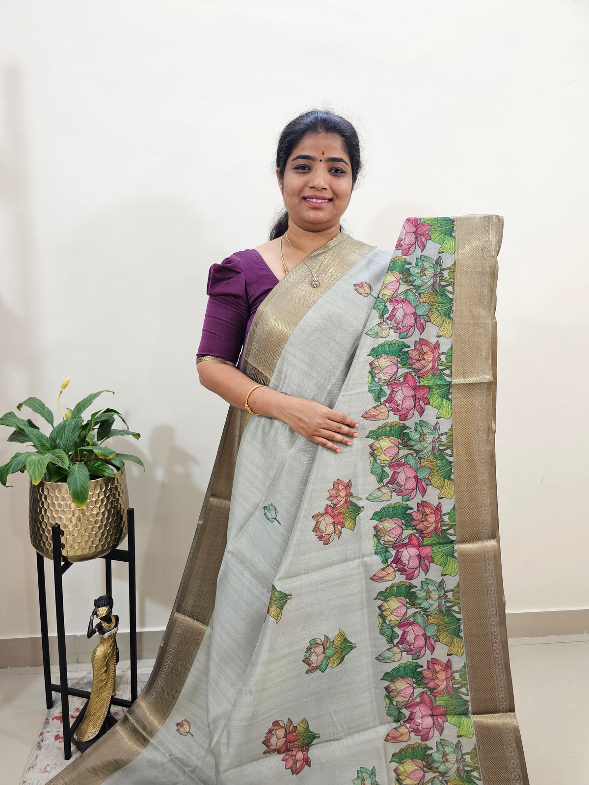 Soft Semi Tussar with Digital Printed Saree - Grey