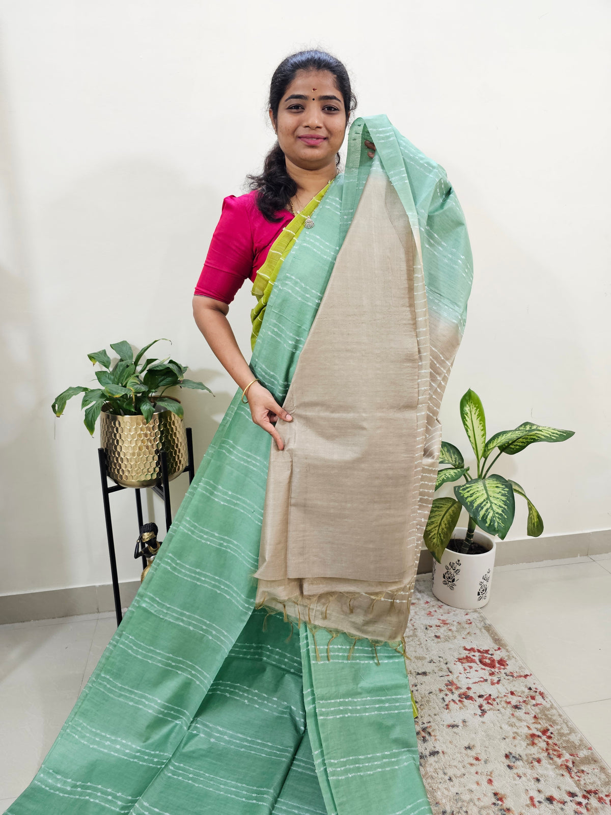 Bhagalpuri Silk Viscous -  Green with Beige