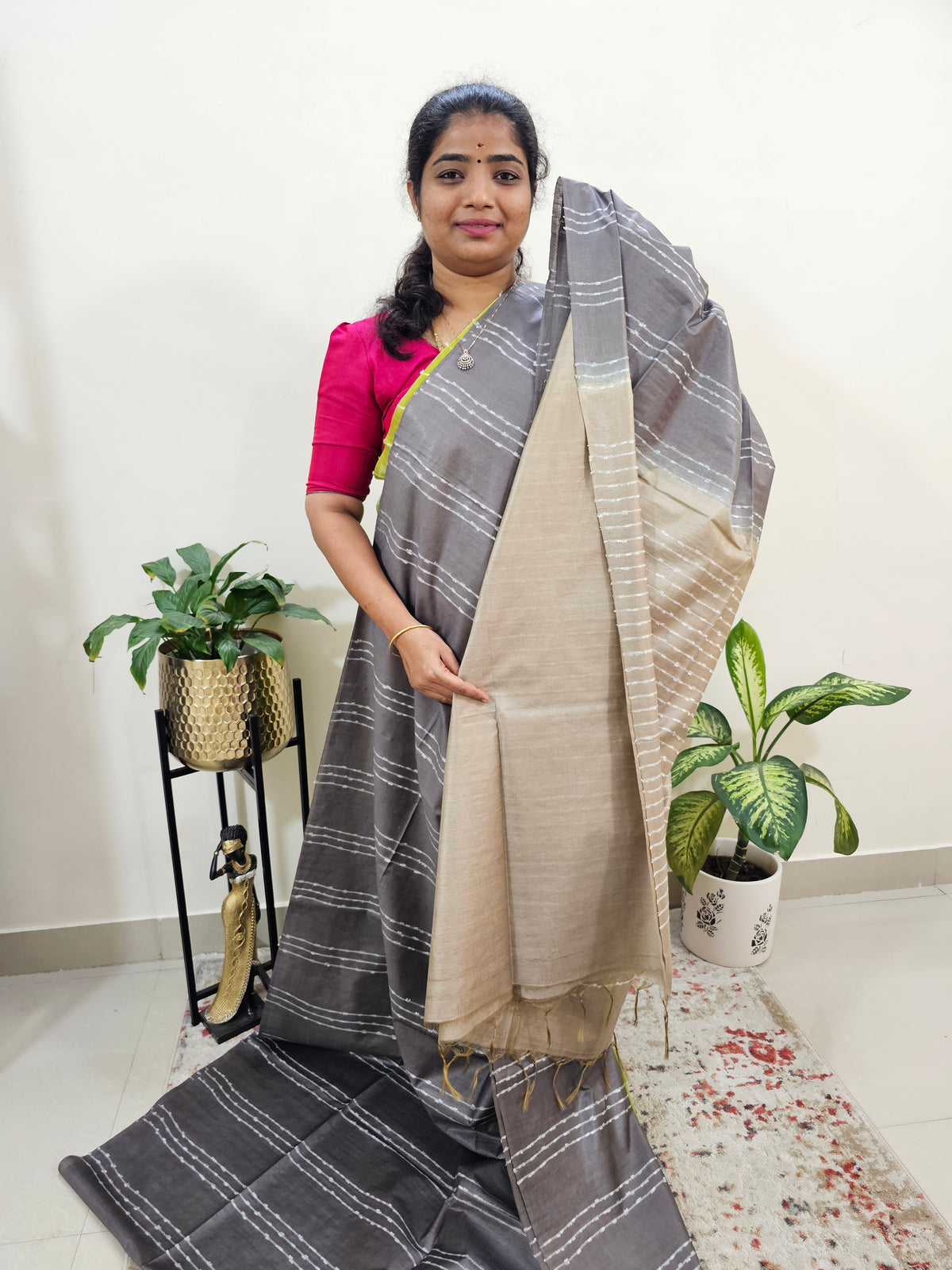 Bhagalpuri Silk Viscous -  Grey with Beige