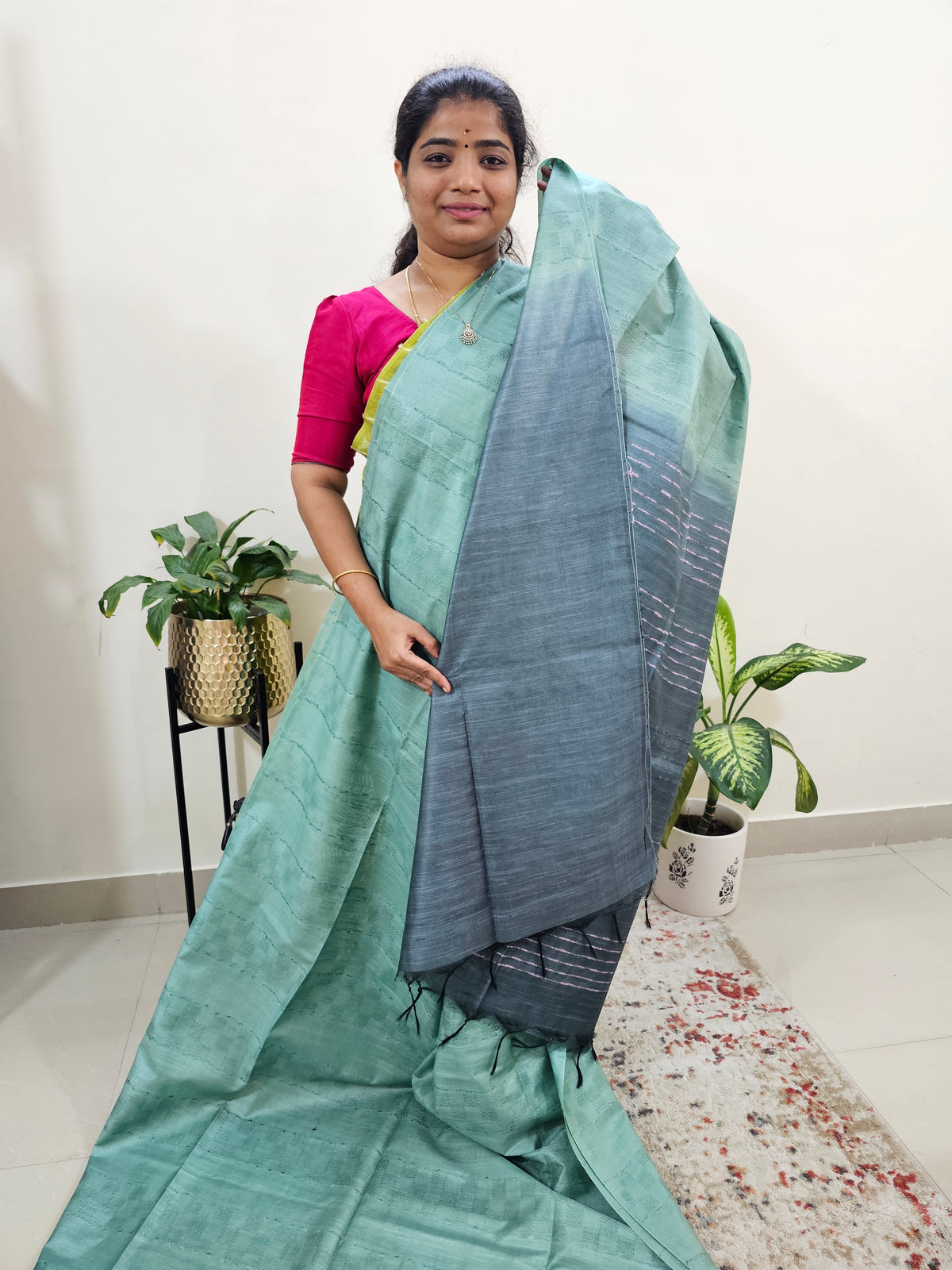 Bhagalpuri Silk Viscous - Sea Green with Grey