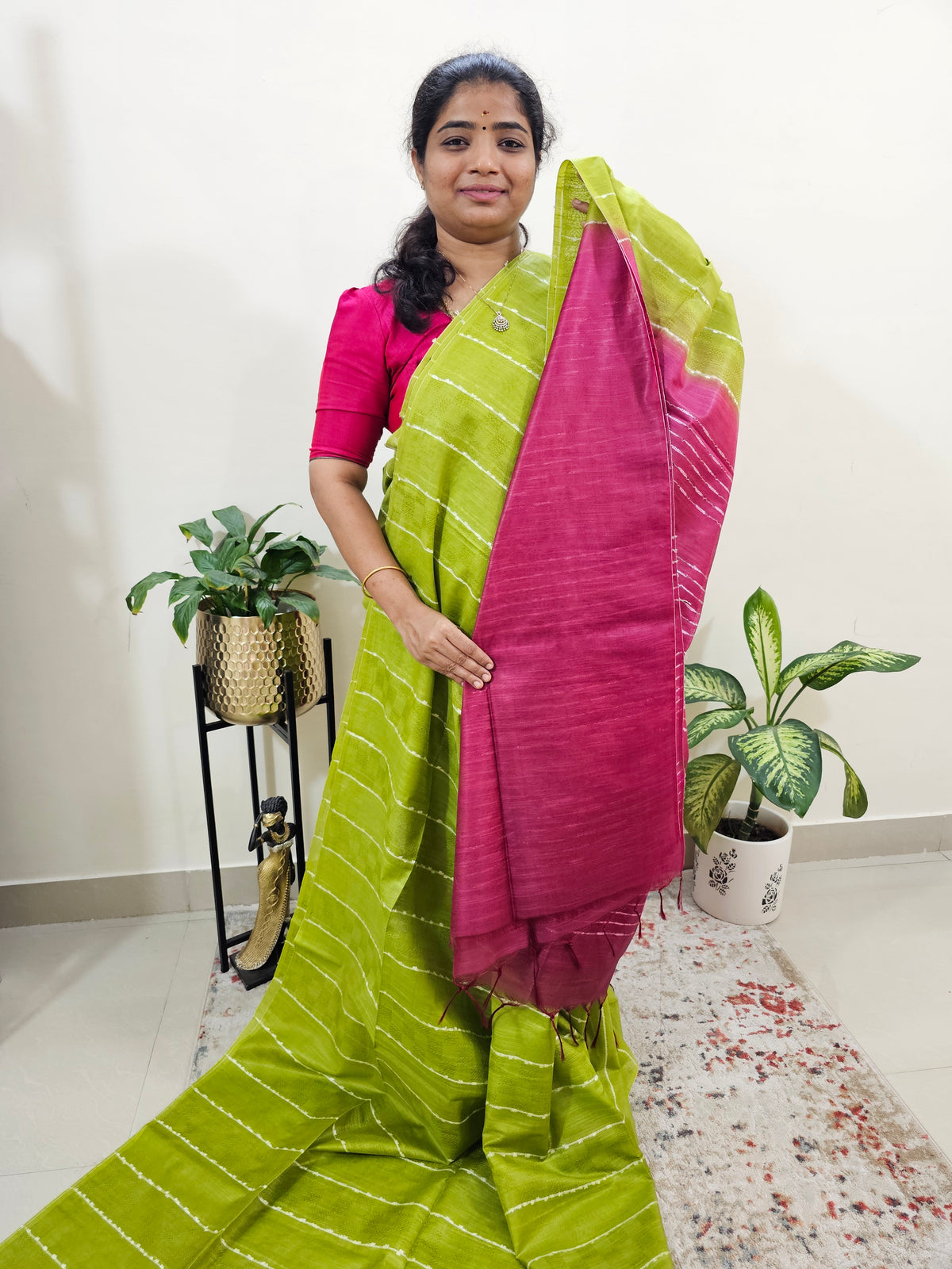 Bhagalpuri Silk Viscous - Green with Magenta Pink