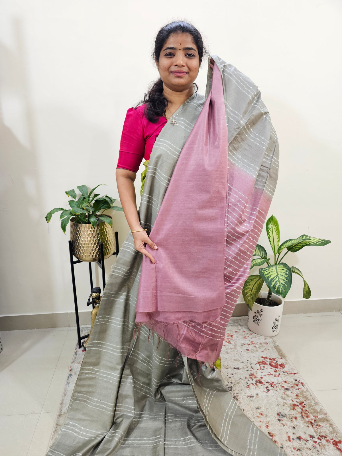 Bhagalpuri Silk Viscous - Light Grey with Onion Pink