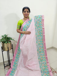 Handwoven Mangalagiri Pattu Saree with Floral Digital Prints - Pink with Sea Green