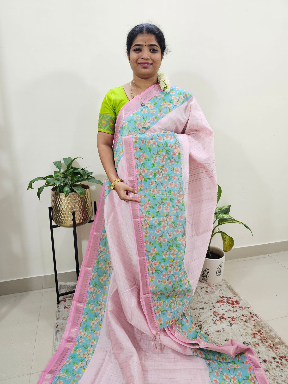 Handwoven Mangalagiri Pattu Saree with Floral Digital Prints - Pink with Sea Green