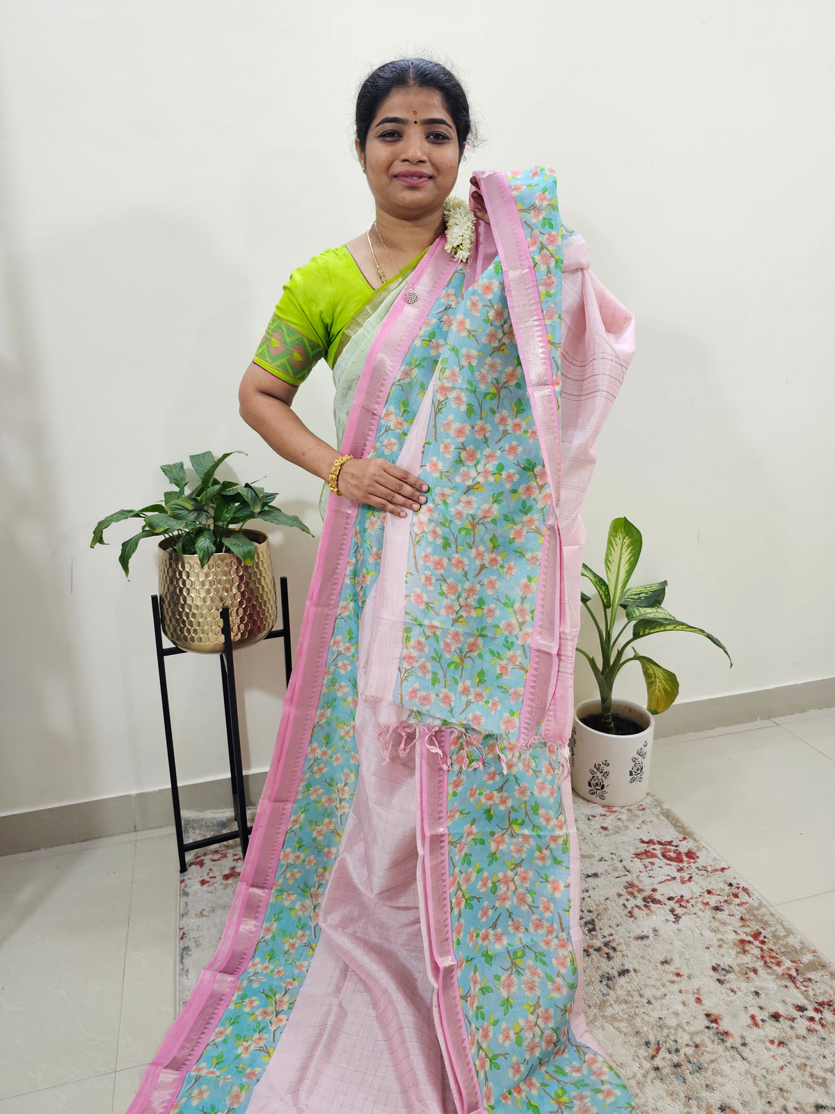 Handwoven Mangalagiri Pattu Saree with Floral Digital Prints - Pink with Sea Green