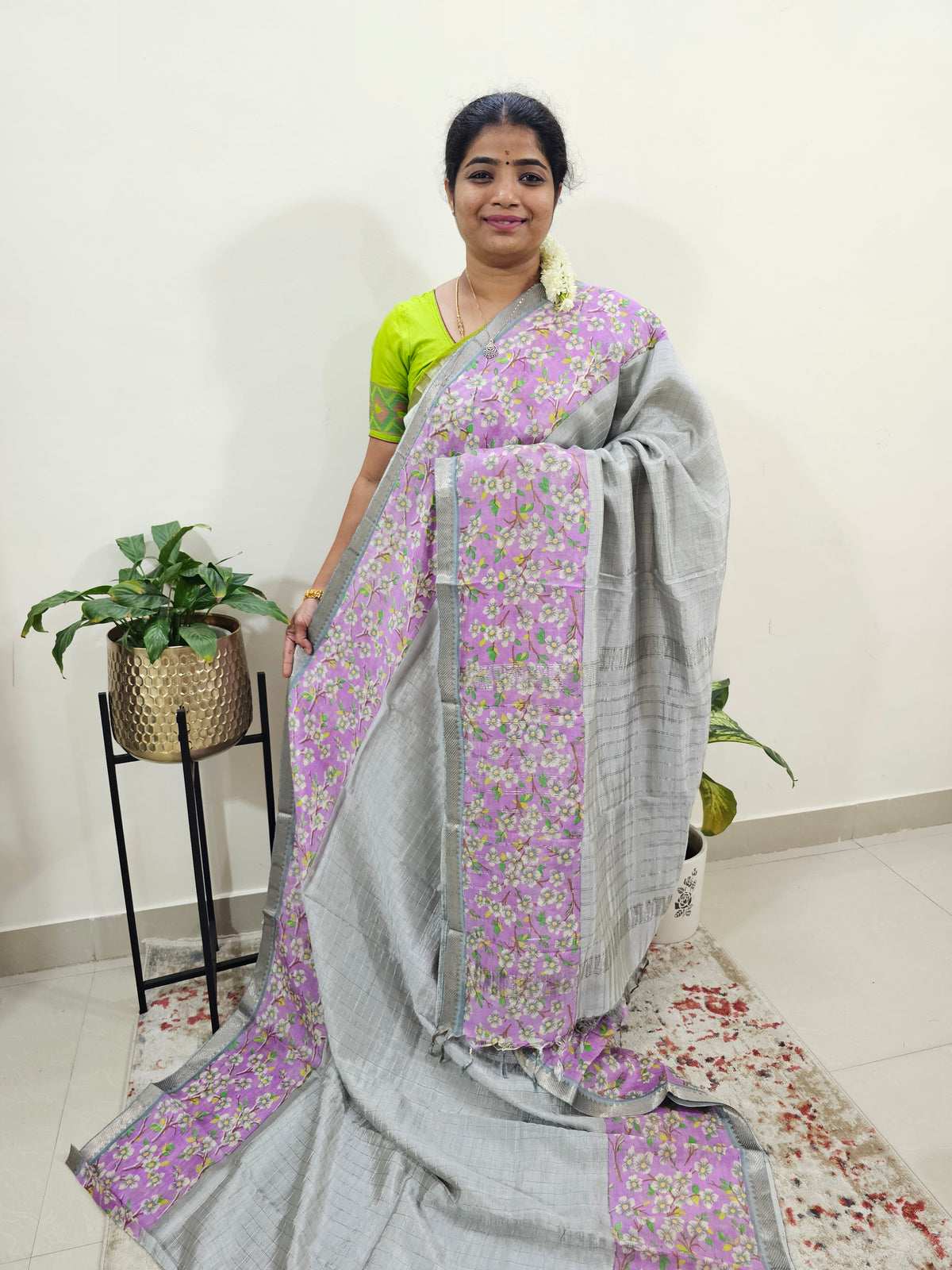 Handwoven Mangalagiri Pattu Saree with Floral Digital Prints - Grey with Lavender