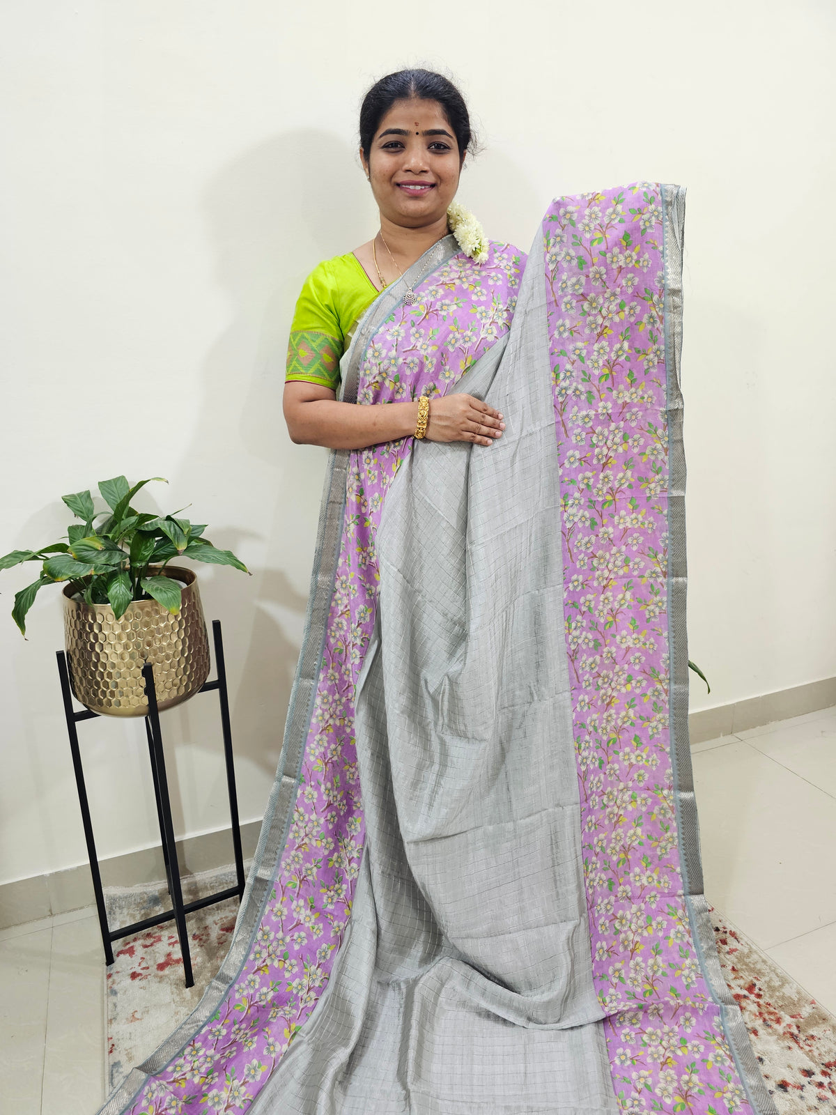 Handwoven Mangalagiri Pattu Saree with Floral Digital Prints - Grey with Lavender