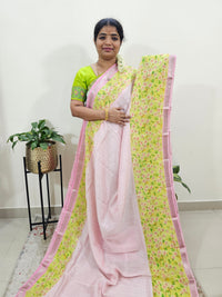 Handwoven Mangalagiri Pattu Saree with Floral Digital Prints - Pink with Lime Yellow