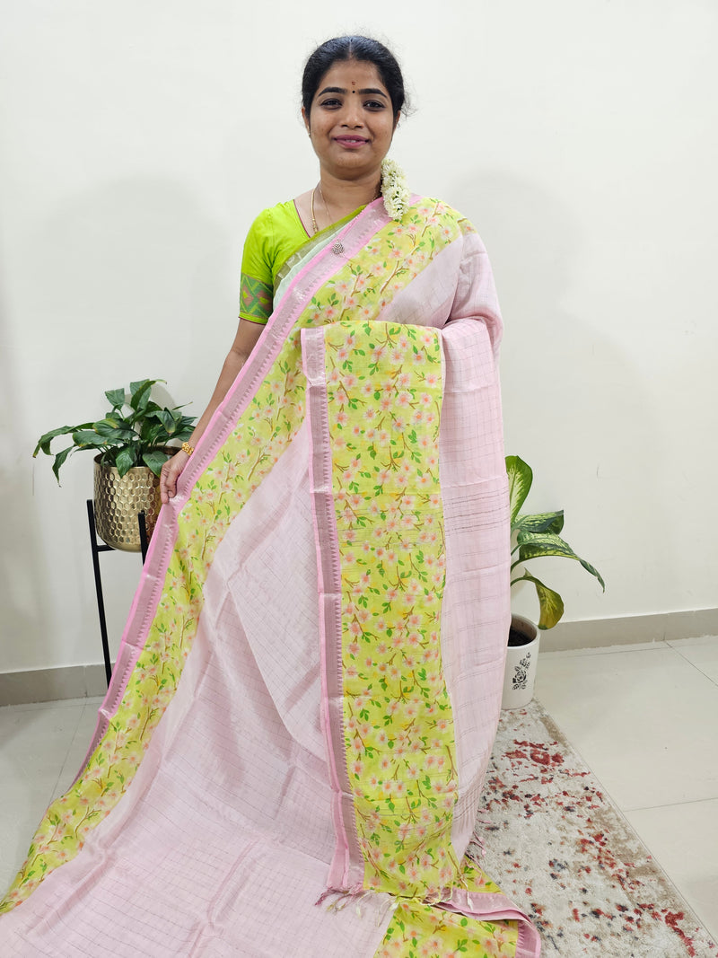 Handwoven Mangalagiri Pattu Saree with Floral Digital Prints - Pink with Lime Yellow