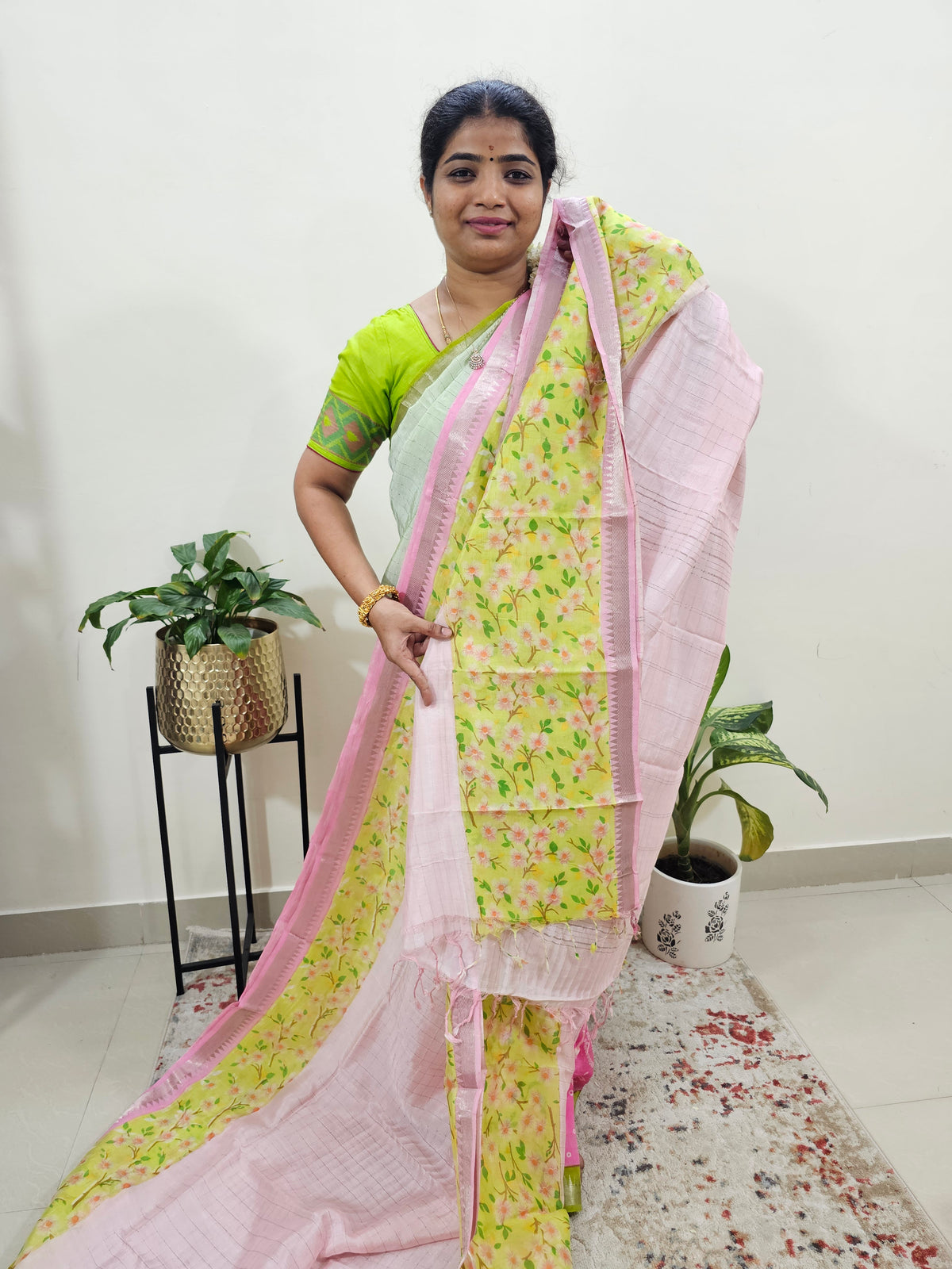 Handwoven Mangalagiri Pattu Saree with Floral Digital Prints - Pink with Lime Yellow