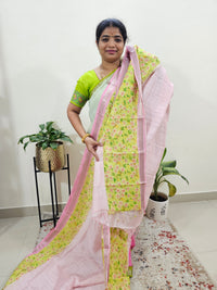 Handwoven Mangalagiri Pattu Saree with Floral Digital Prints - Pink with Lime Yellow