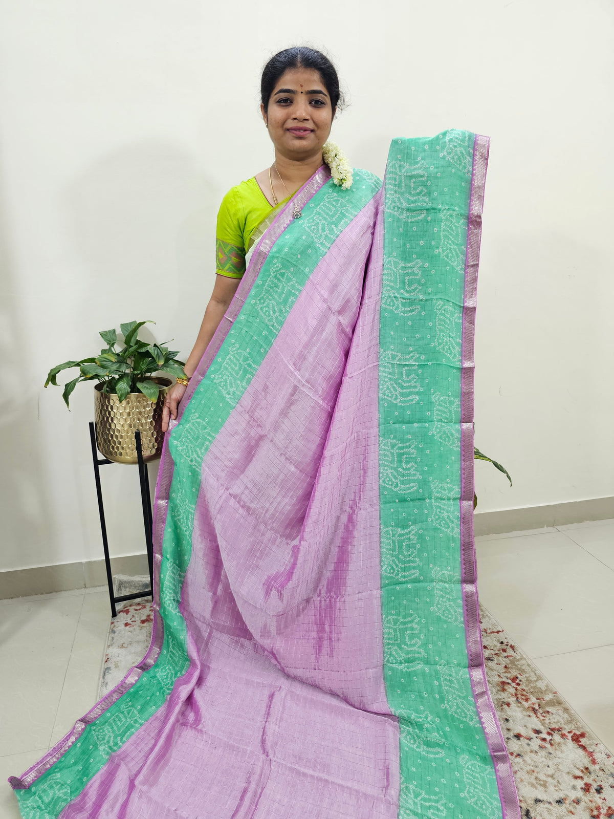 Handwoven Mangalagiri Pattu Saree with Bandhini Digital Prints  - Lavender with Sea Green