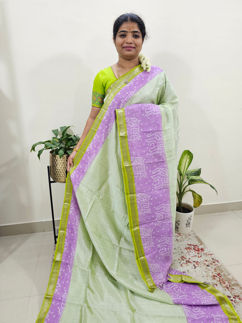 Handwoven Mangalagiri Pattu Saree with Bandhini Digital Prints  - Green with Lavender