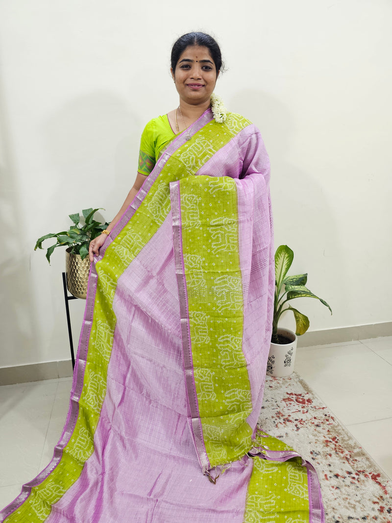 Handwoven Mangalagiri Pattu Saree with Bandhini Digital Prints  - Lavender with Green