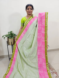 Handwoven Mangalagiri Pattu Saree with Bandhini Digital Prints  - Green with Pink