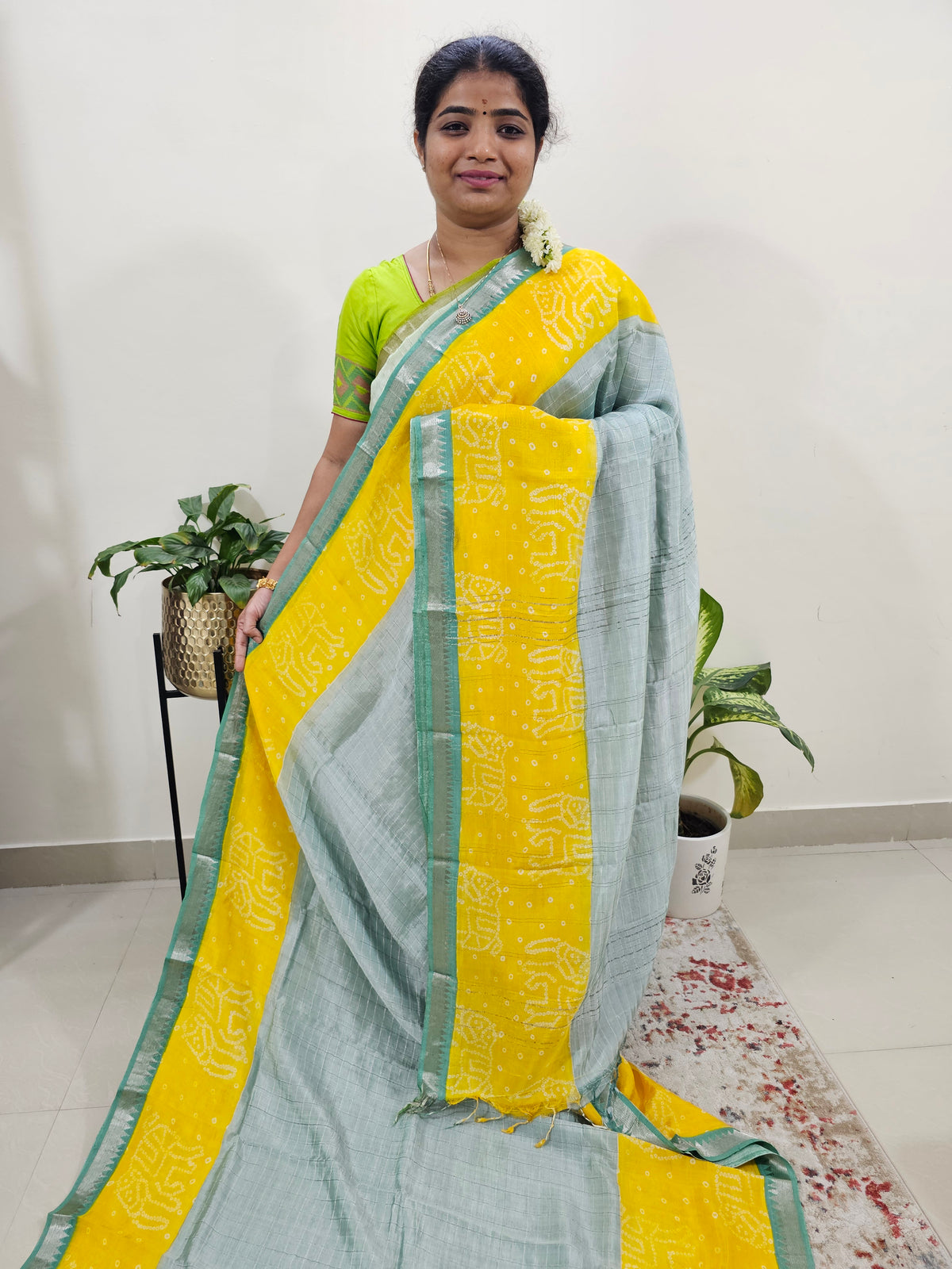 Handwoven Mangalagiri Pattu Saree with Bandhini Digital Prints  - Sea Blue with Yellow