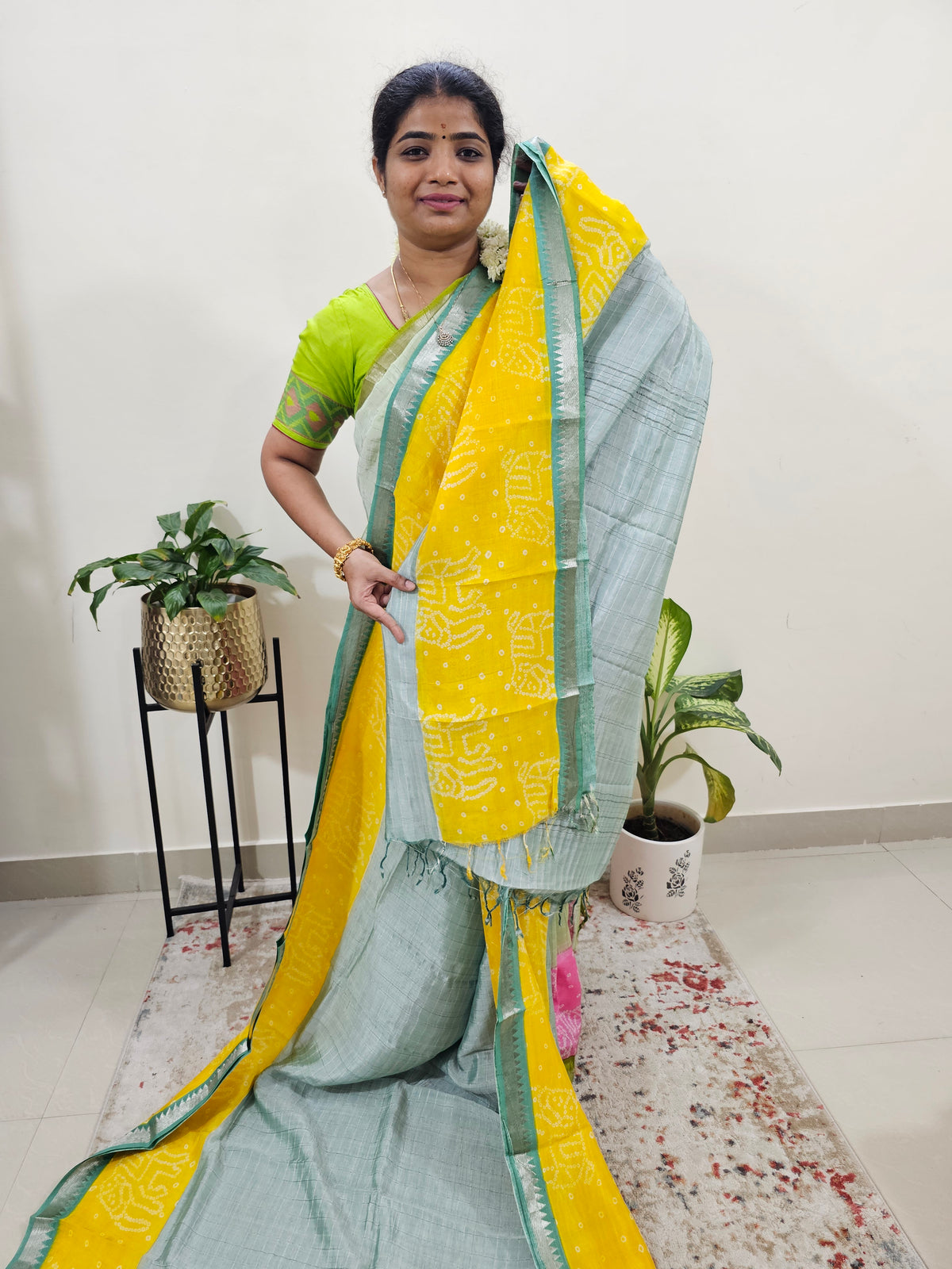 Handwoven Mangalagiri Pattu Saree with Bandhini Digital Prints  - Sea Blue with Yellow