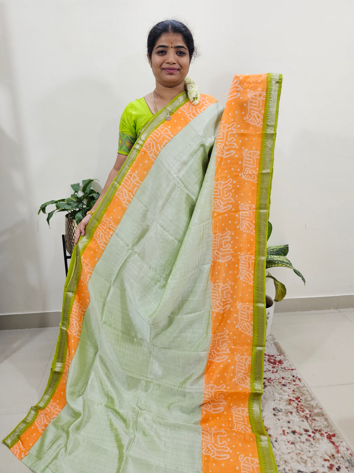 Handwoven Mangalagiri Pattu Saree with Bandhini Digital Prints  - Green with Orange