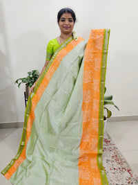 Handwoven Mangalagiri Pattu Saree with Bandhini Digital Prints  - Green with Orange