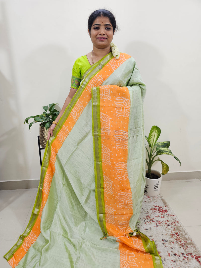 Handwoven Mangalagiri Pattu Saree with Bandhini Digital Prints  - Green with Orange