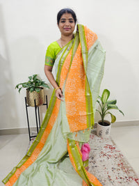 Handwoven Mangalagiri Pattu Saree with Bandhini Digital Prints  - Green with Orange