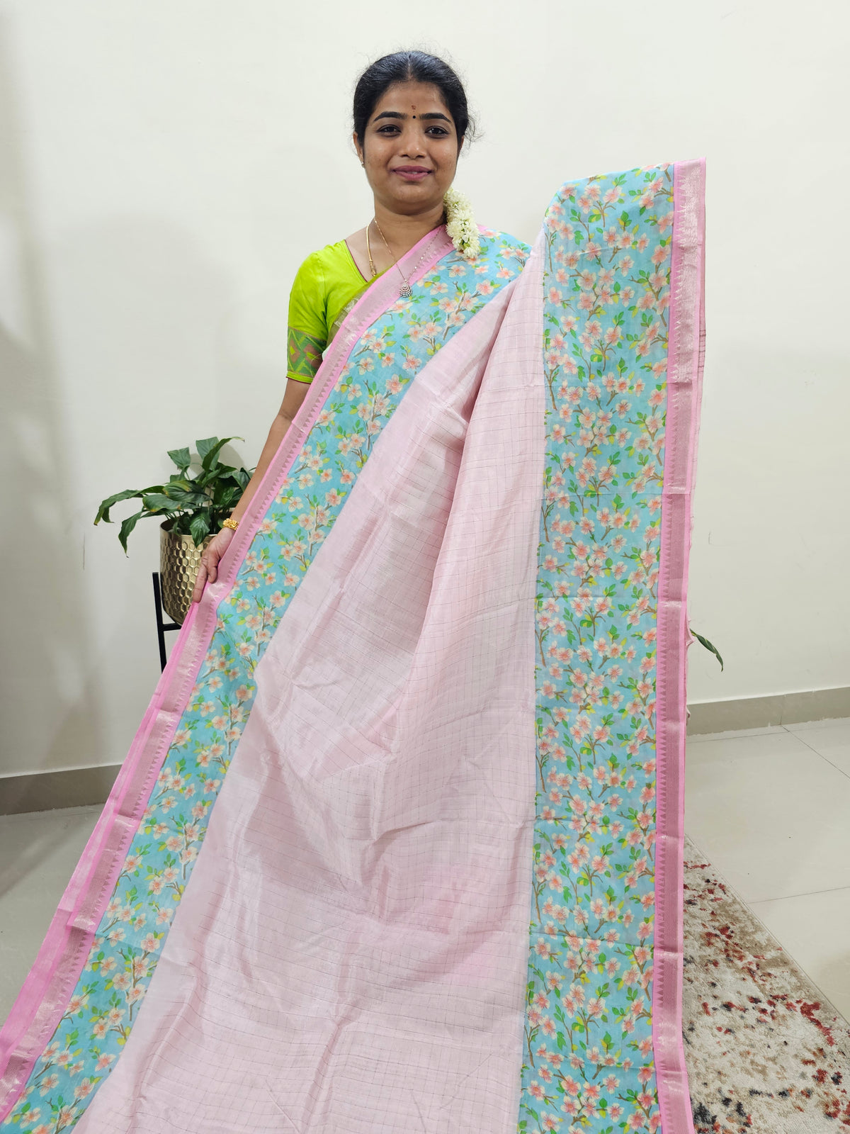 Handwoven Mangalagiri Pattu Saree with Floral Digital Prints - Pink with Sea Green