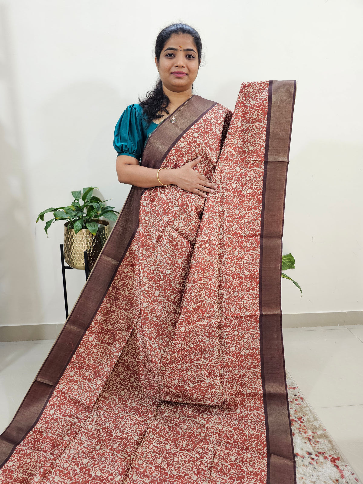 Semi Ghicha Floral Printed Saree -Brown