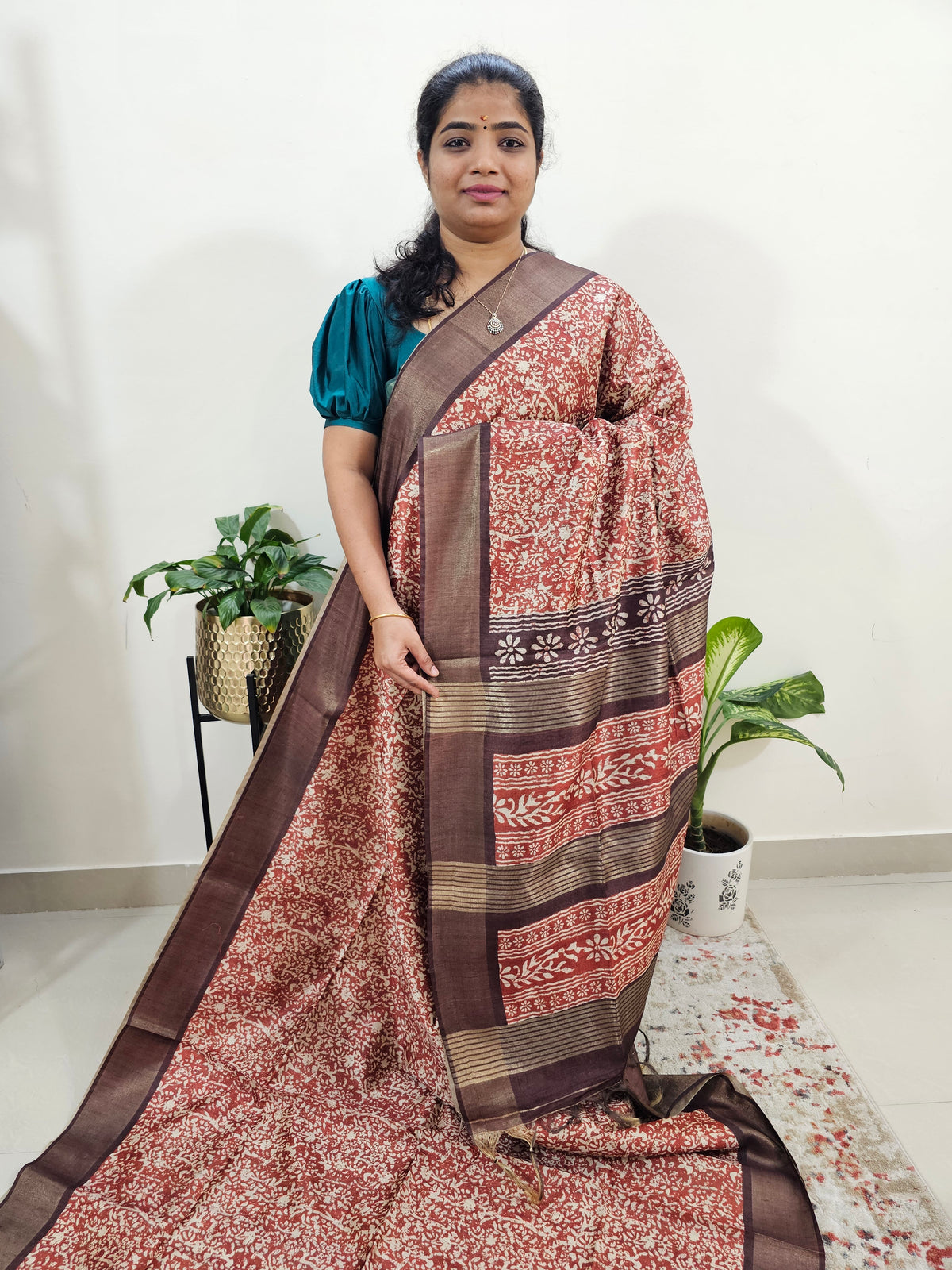 Semi Ghicha Floral Printed Saree -Brown