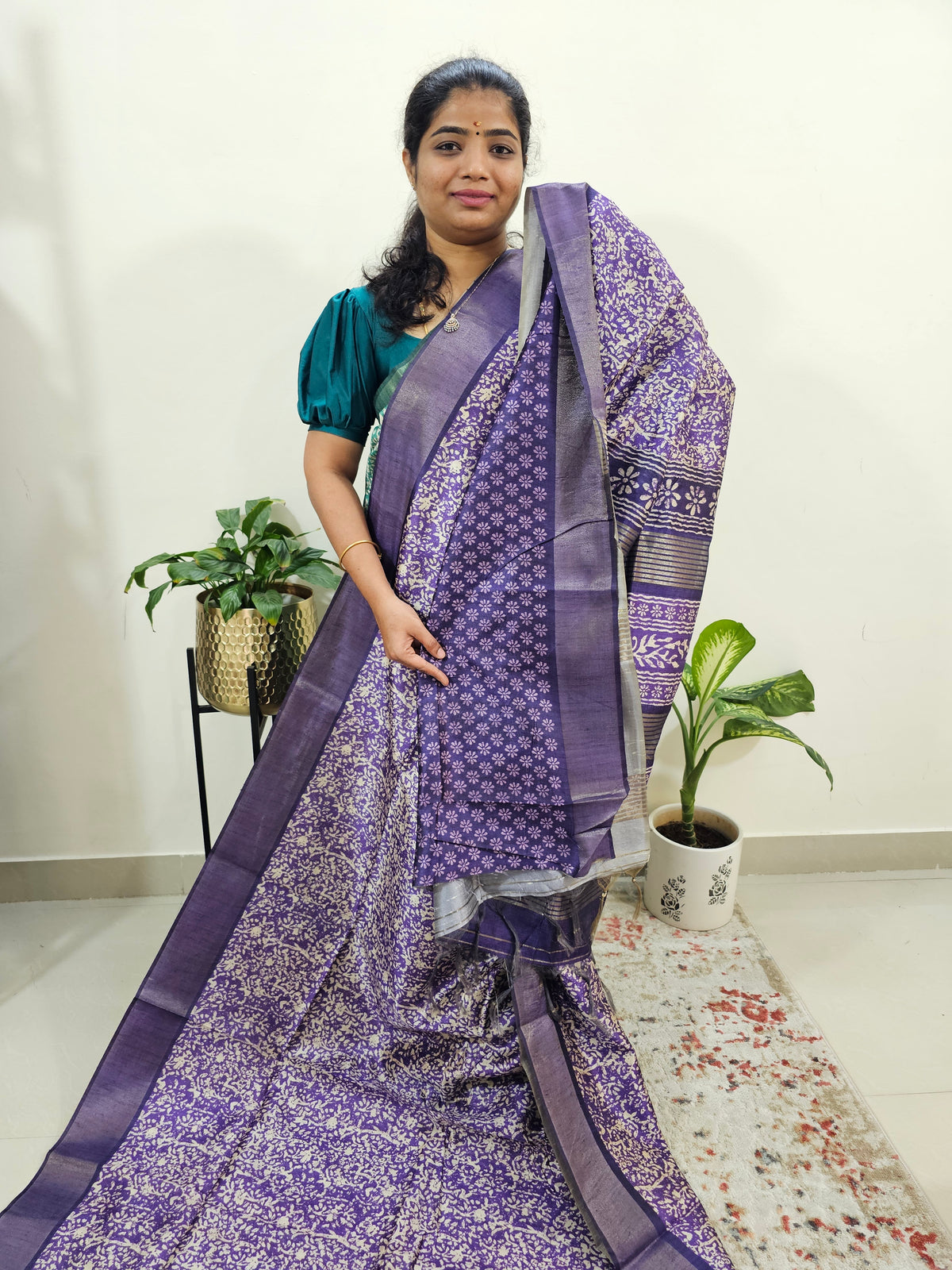 Semi Ghicha Floral Printed Saree - Purple