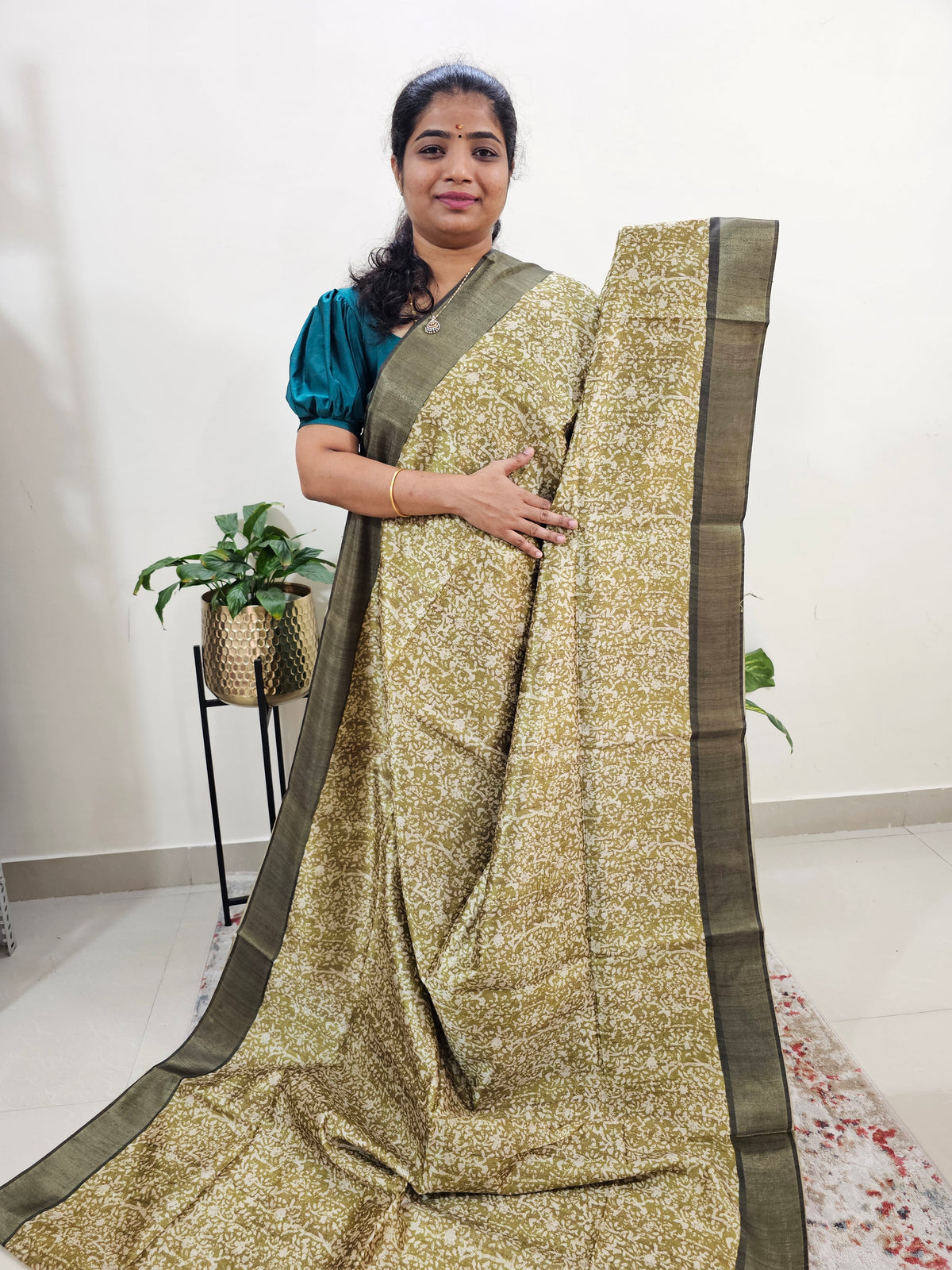 Semi Ghicha Floral Printed Saree - Green