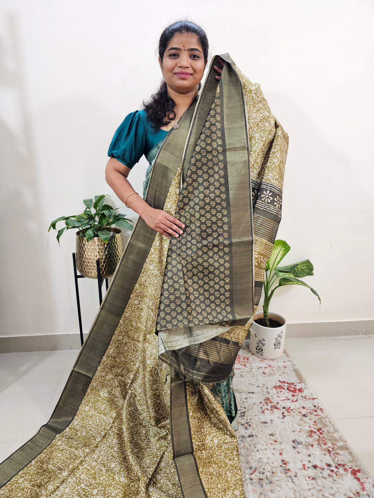 Semi Ghicha Floral Printed Saree - Green