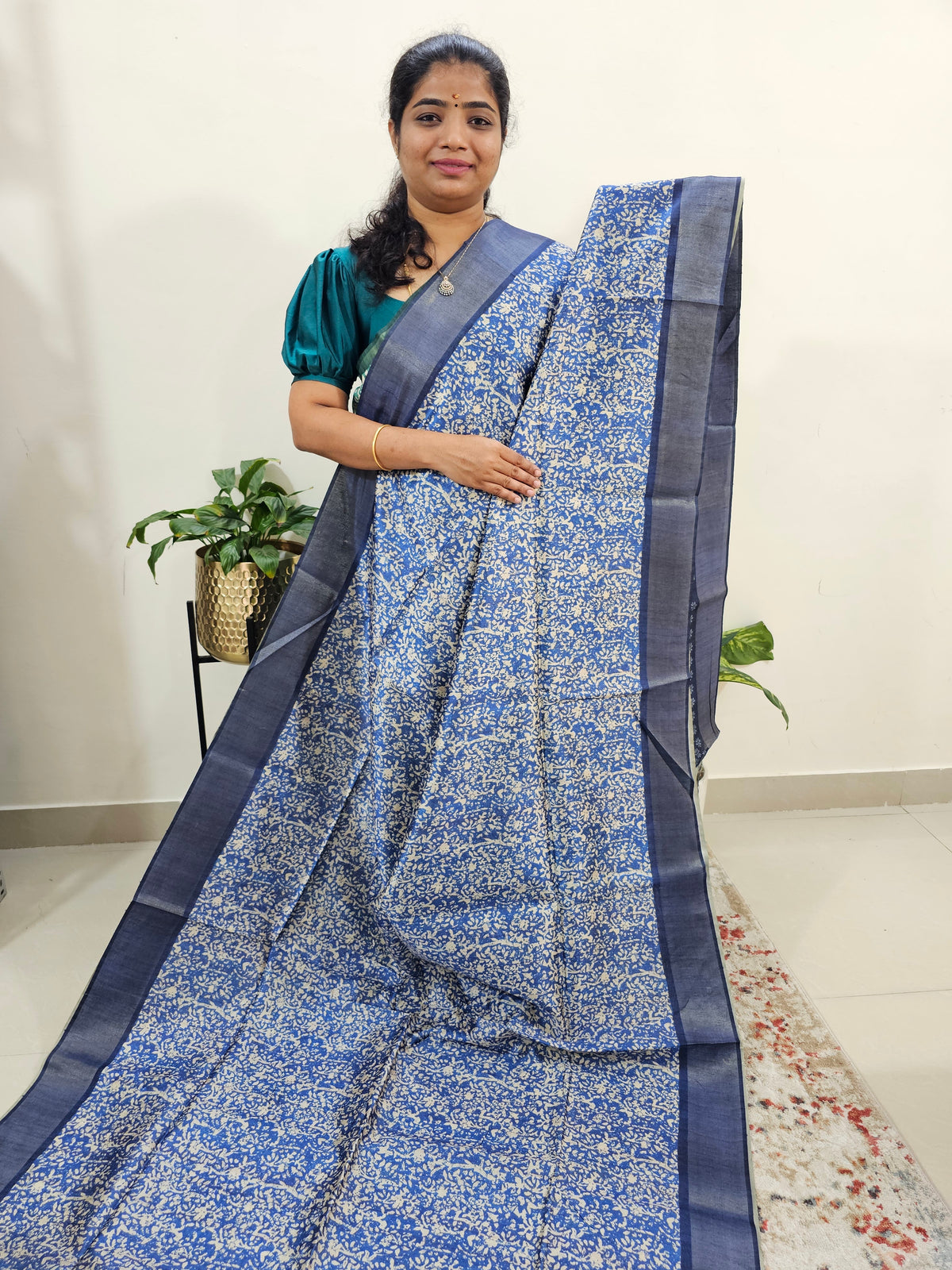 Semi Ghicha Floral Printed Saree - Blue