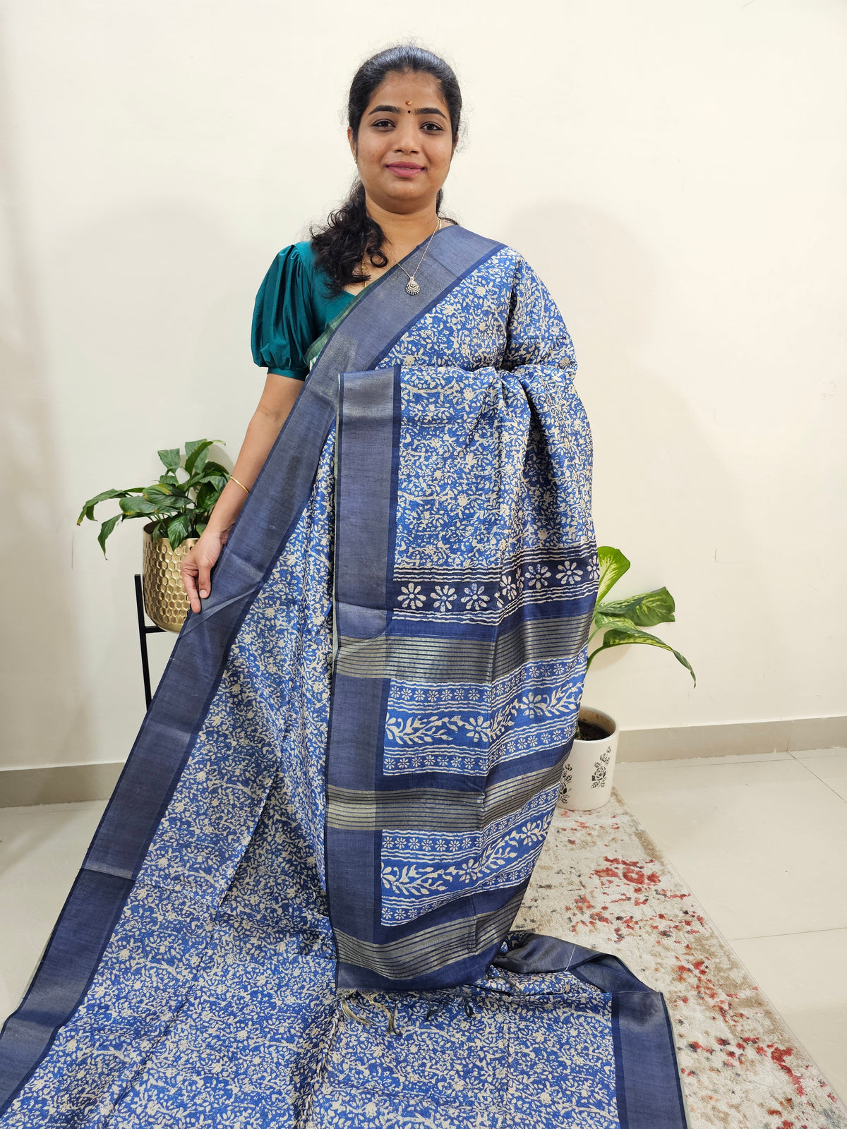 Semi Ghicha Floral Printed Saree - Blue