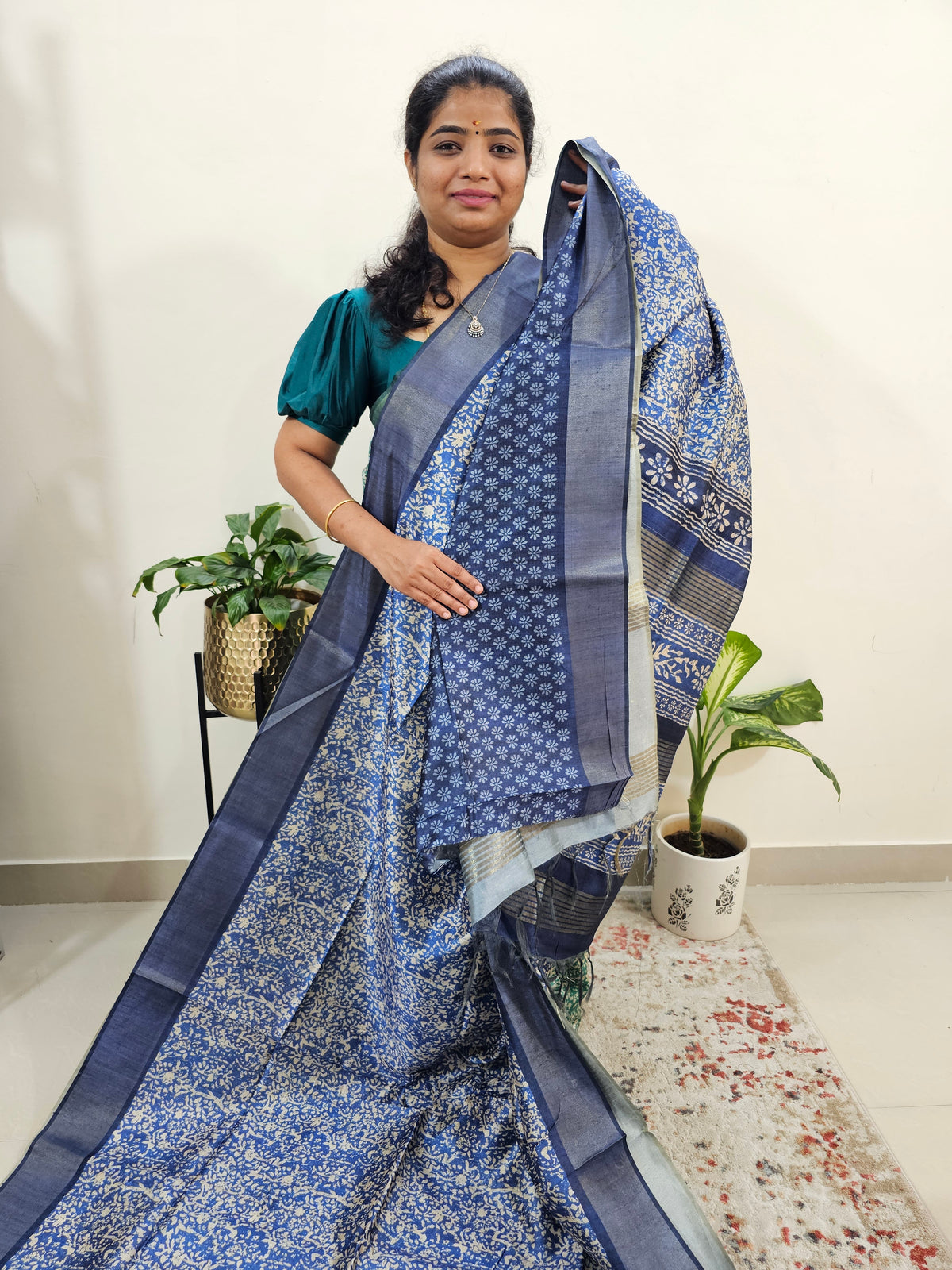 Semi Ghicha Floral Printed Saree - Blue